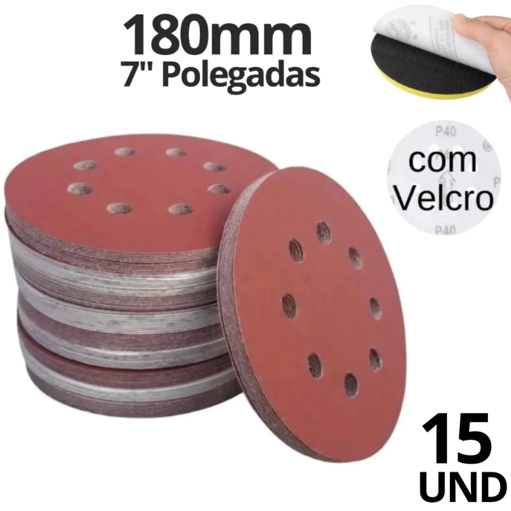 15x Disco De Lixa Pluma 7 Polegadas 180mm Velcro com Furos - Kit Com 15 Peças