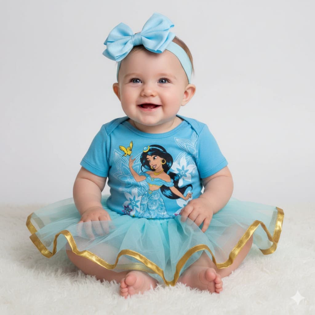 Body Bebe Princesa Jasmine Fantasia de Mêsversario + Saia Tule + Laço - Suedine 100% algodão