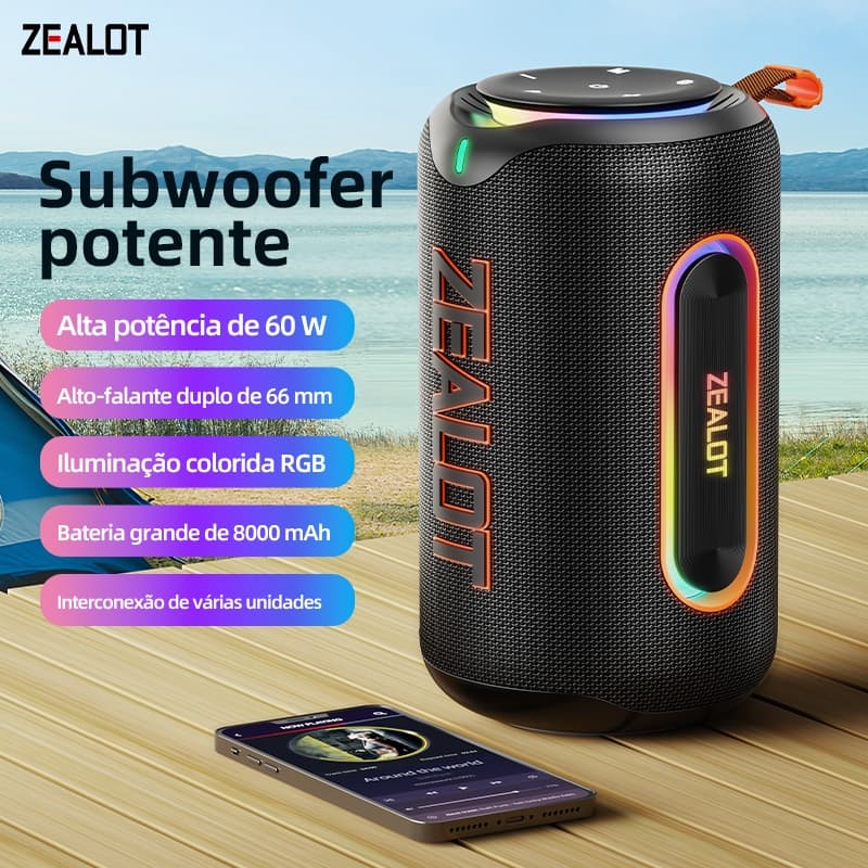 ZEALOT MP1 Caixa Bluetooth 30W IPX6 Portátil TWS 6000mAh Grave Potente Alta Performance Outdoor
