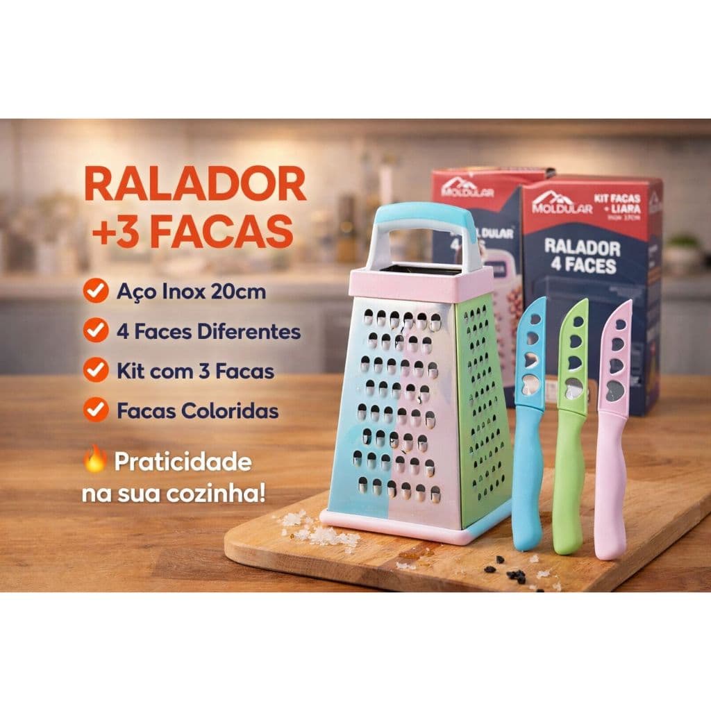 Kit Moldular Ralador 4 Faces Inox 20cm + 3 Facas Coloridas Inox 17cm c/ Capa Protetora