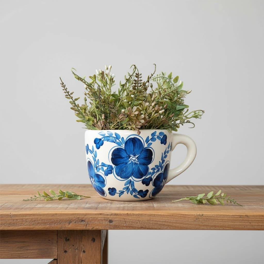 Floreira De Parede Xícara Esmaltada Decorativa Bege Flor