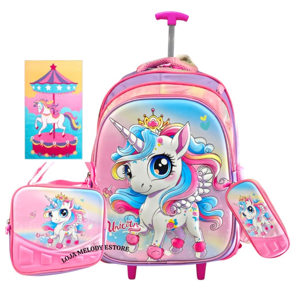 ✨🦄 Kit Mochila Unicornio 3D con Rodinha + Toalla