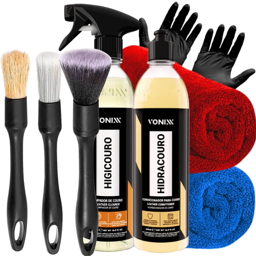 KIT LIMPA E HIDRATA COURO HIDRACOURO + HIGICOURO VONIXX+  APLICADOR , TOALHA  E LUVAS