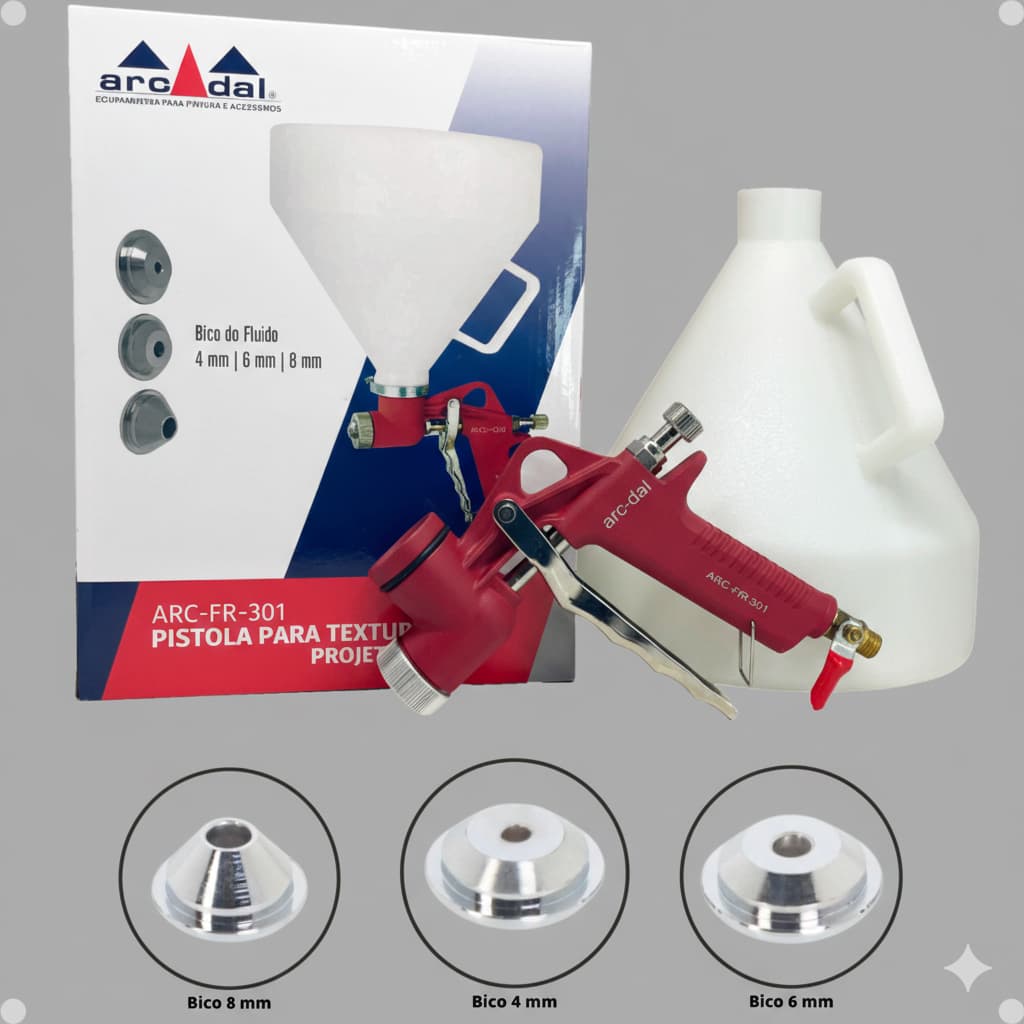 Pistola Aplicadora De Textura Chapisco Projetada Gravidade Pneumática FR-301 4,5 L Arcdal + 2 Bicos