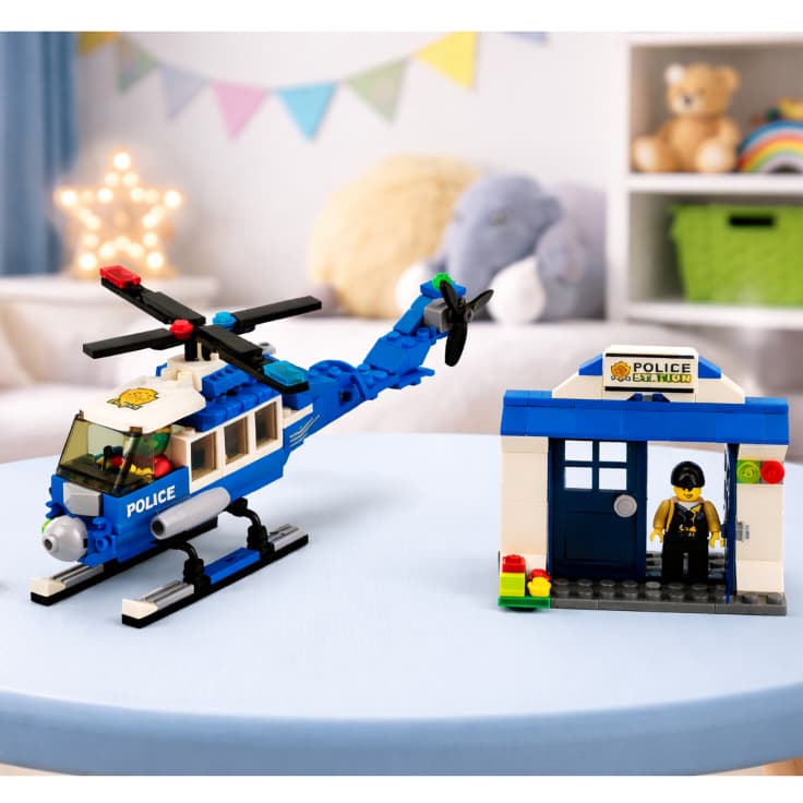 Blocos de Montar Patrulha Helicoptero Barco Police 215 Peças Brinquedo Educativo Polícia