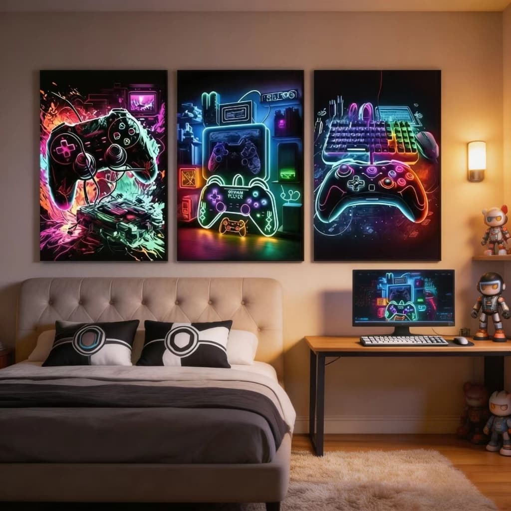 Kit Quadros Decorativos 3 peças Tema Hora Do Jogo Video Game Controlespara Parede Quarto Sala