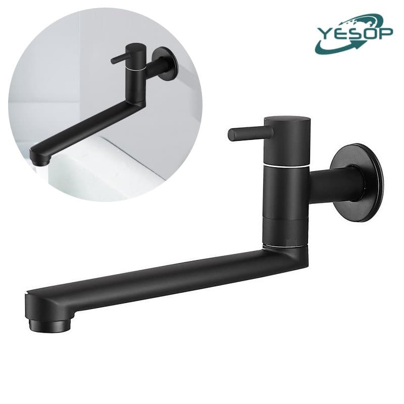 YESOP Torneira De Parede Para Cozinha Aço Inox 304 Gourmet Bica Móvel Flexível Preto Fosco 25cm