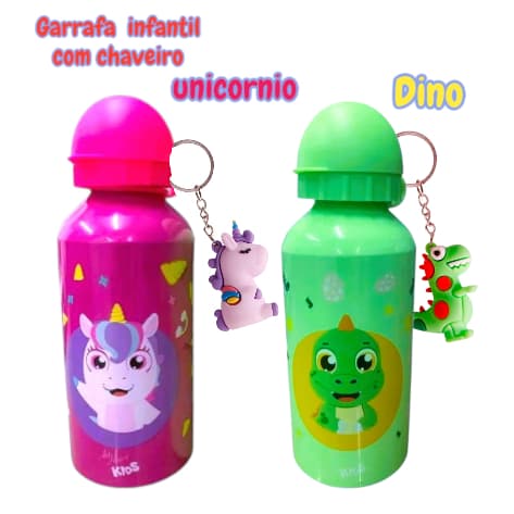 Garrafinha Infantil Agua Kit Garrafa Squeeze +chaveiro Dino Unicornio Dinossauro Suco 400 ml INOX