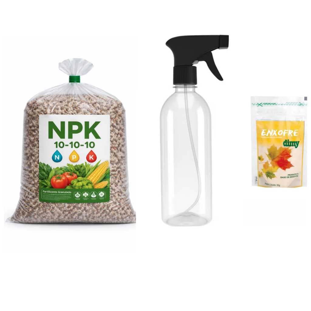 kit fertilizante enxofre 30g soluvel em agua + borrifador 500ml + Adubo 500g NPK 10-10-10.