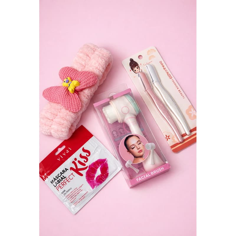 Kit Skincare Completo – Faixa Pelúcia + Escova Facial + Aparador Facial + Máscara Labial Vivaí