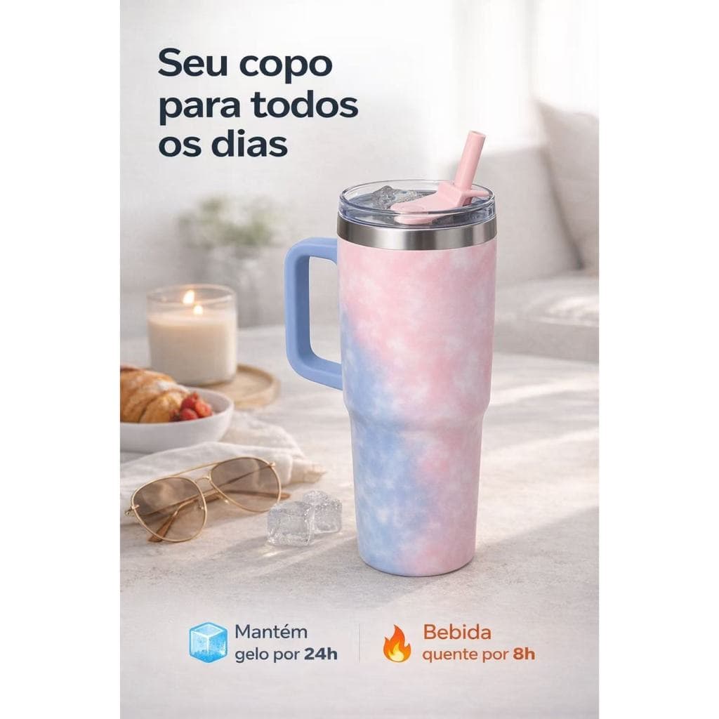 Copo Térmico 1200ml Gigante Inox 🧊 Mantém Frio/Quente | Com Alça e Canudo | Sem Logo