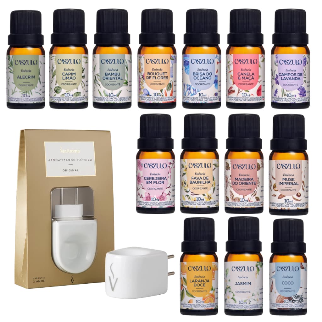 KIT difusor elétrico porcelana + 6 ou 12 Essências Aromáticas 10ml Via Aroma Linha Caszulo