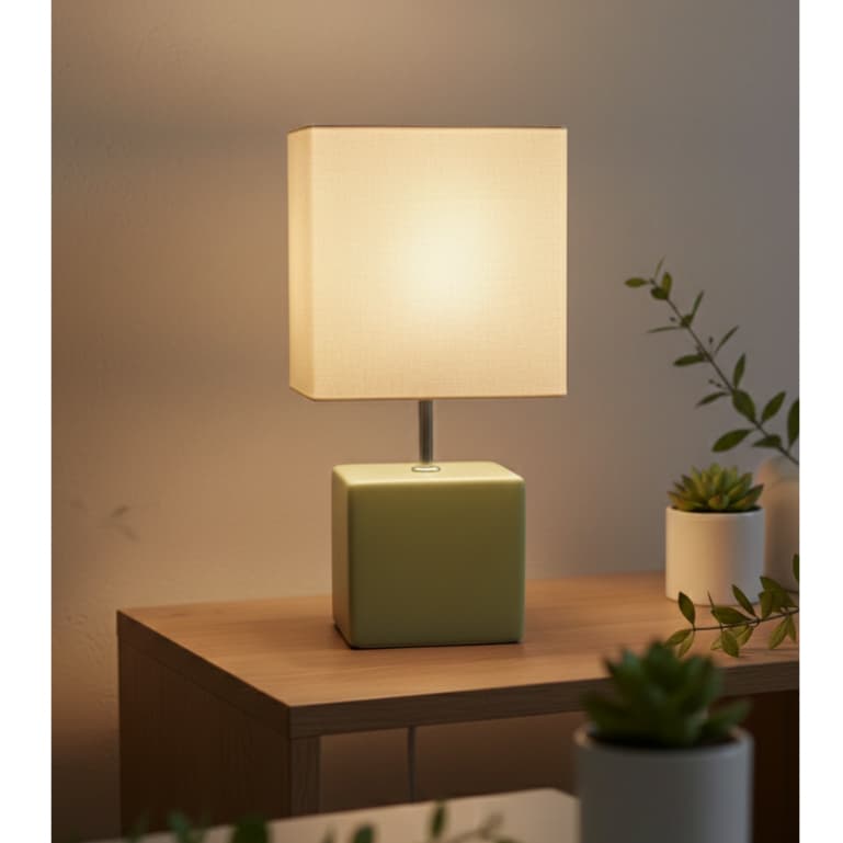 Abajur Luminária de Cerâmica Cubo Decorativa com Cúpula em Tecido para Quarto, Sala e Escritório