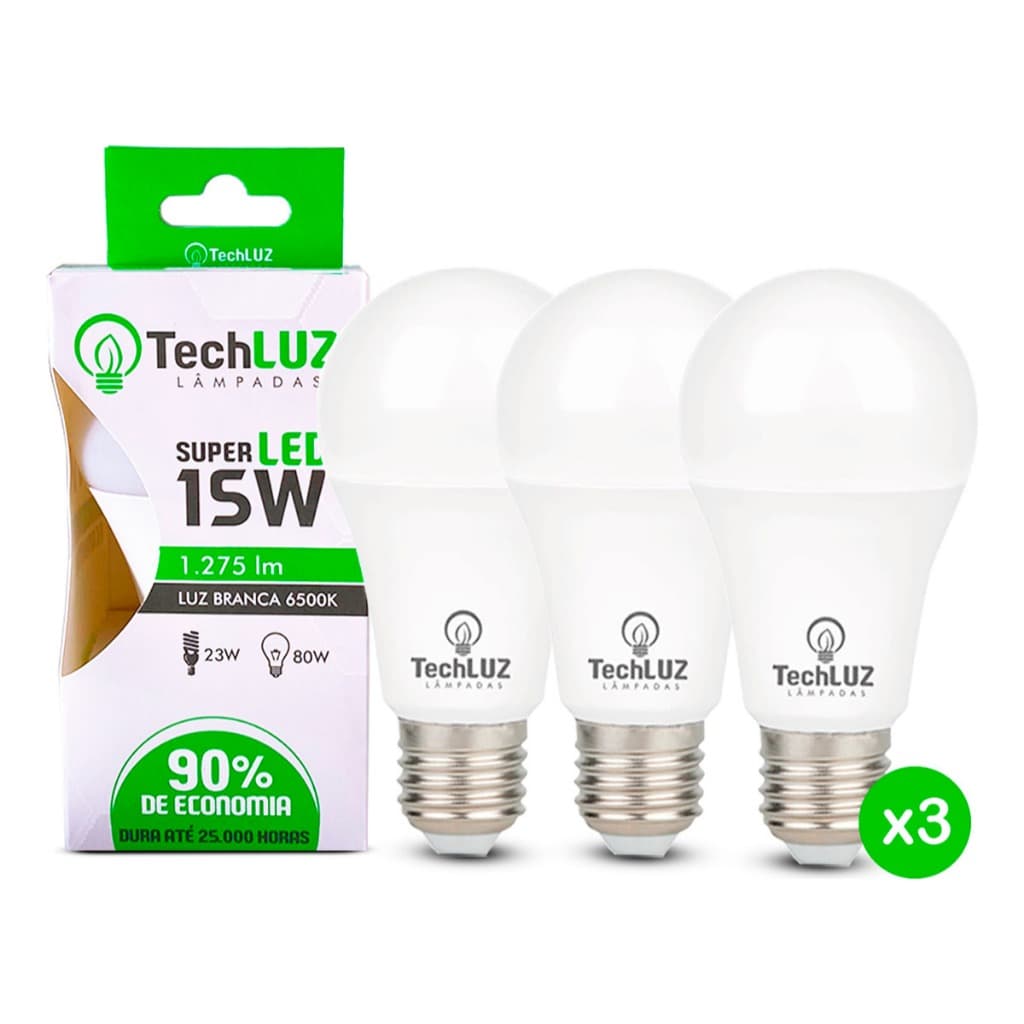 Lâmpadas Led 15w 6500k E27 Luz Branca Fria Techluz 127/220v Branco