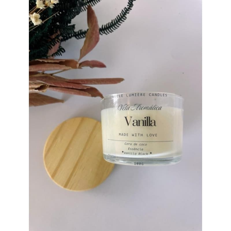 Vela Aromática Vanilla | Vela Decorativa| Vela Aromática| Frasco Vidro Tampa Madeira 100g