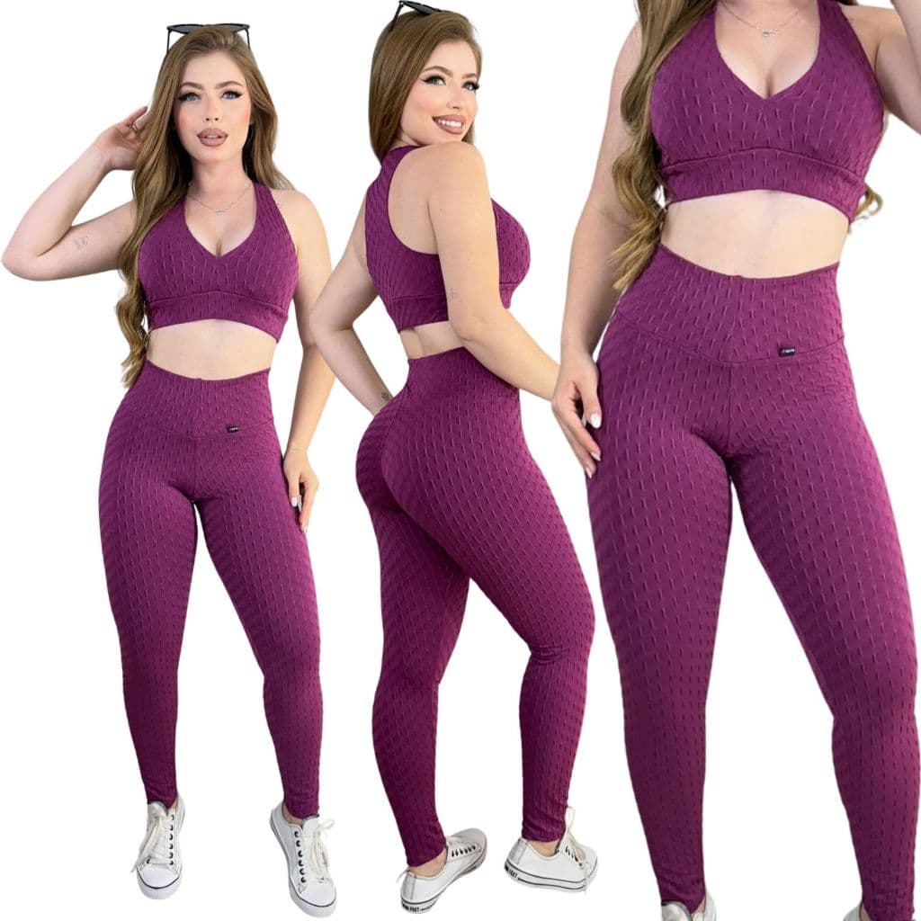 Conjunto De Academia Feminino Calça e Top Bojo Removível  Jaquard Bolha Brocada Modela O Corpo Zero Transparência