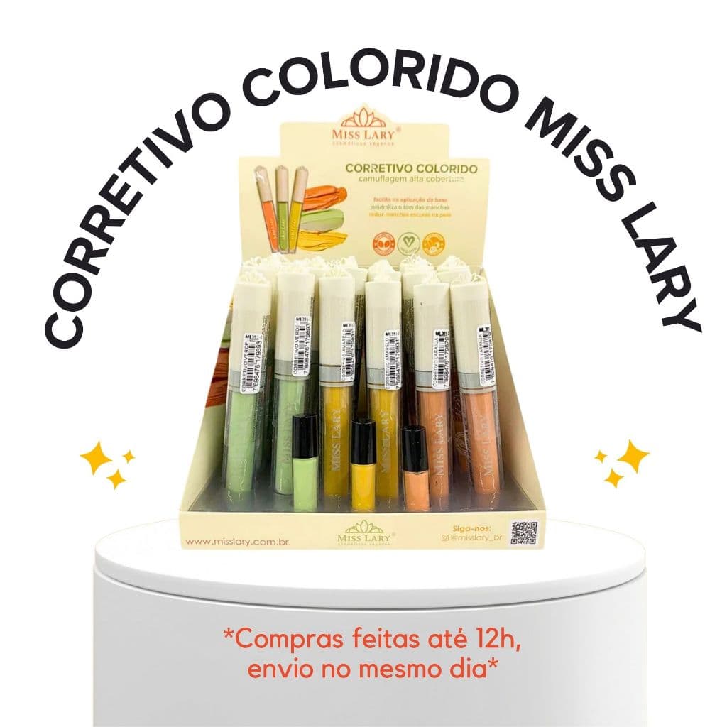 CORRETIVO COLORIDO CAMUFLAGEM ALTA COBERTURA MISS LARY VERDE AMARELO LARANJA REDUZ MANCHAS ALTA COBERTURA