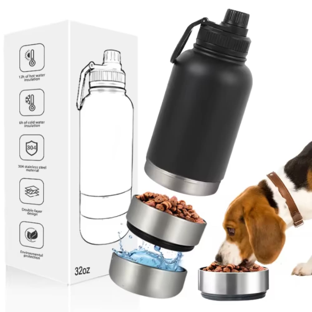 Garrafa Pet Passeio 3 Em 1 Térmica Comedouro Bebedouro Inox
