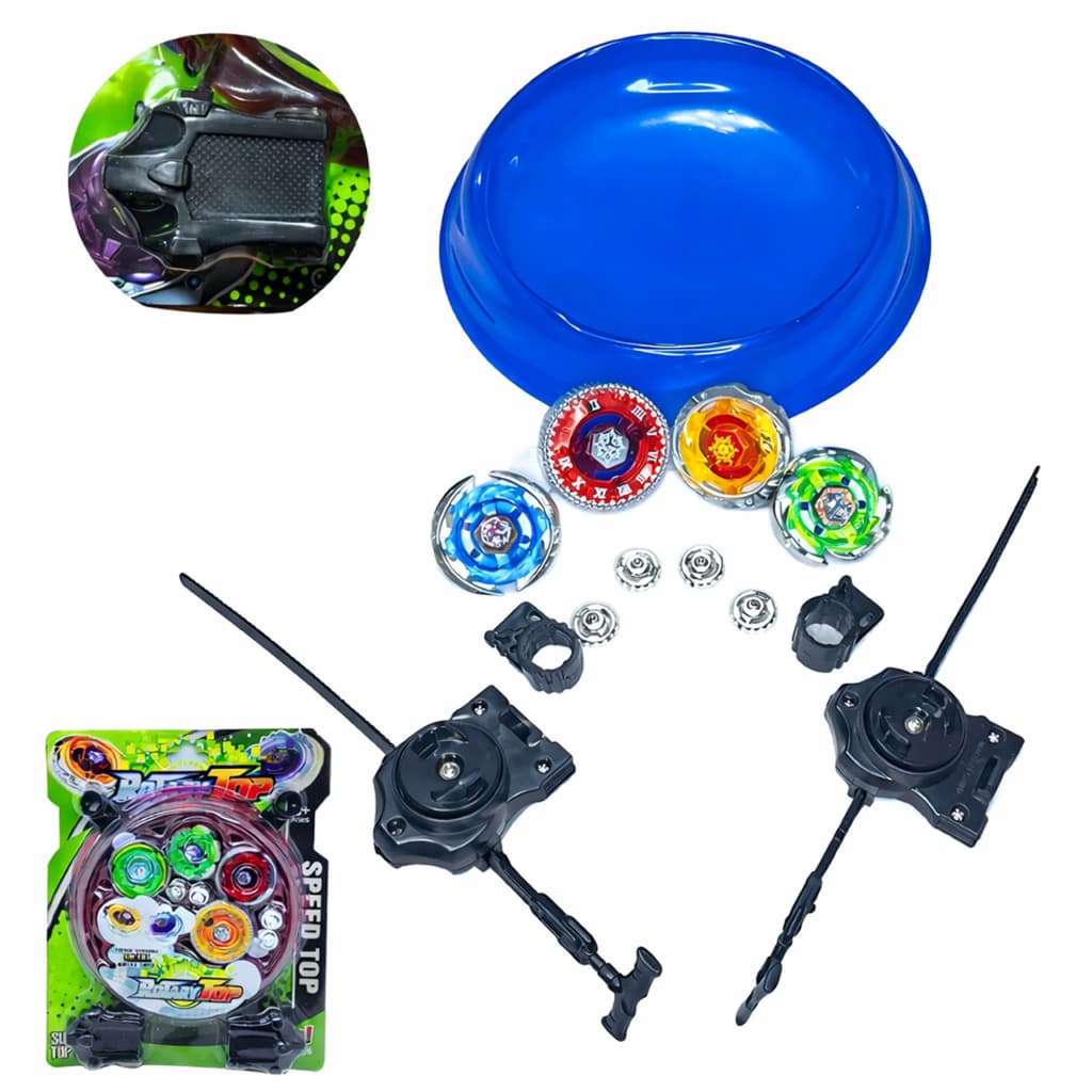 Kit Batalha de Piões Rotary Top Metal Com Lançadores E Arena - Kit completo 4 piões + lançador + arena
