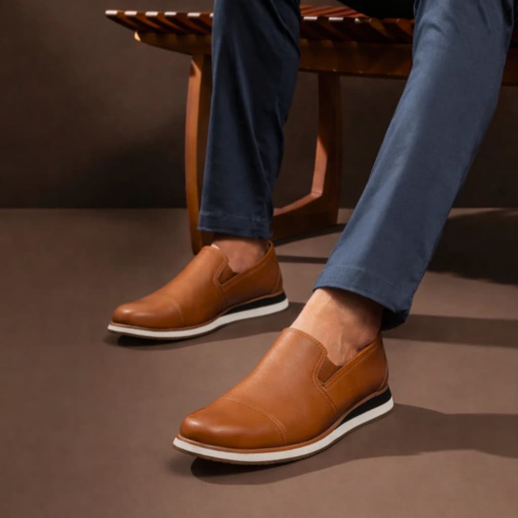 Loafer Masculino em Couro Soft Confortável Estilo Casual Social Preto e Caramelo