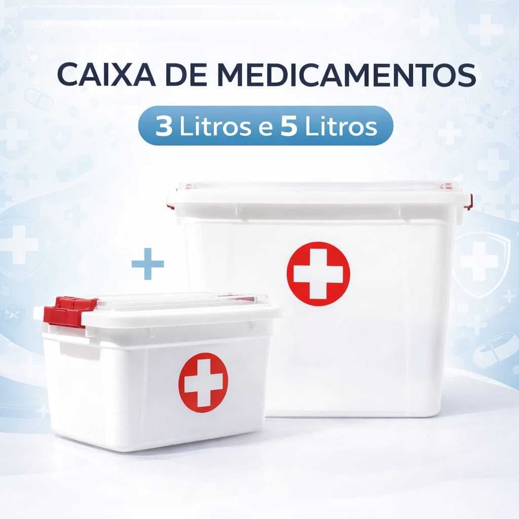 Kit 2 Caixas Medicamentos 5 Litros + 3 Litros Uninjet Tampa Segura Duas Travas Organizador Para Remedios Seguração