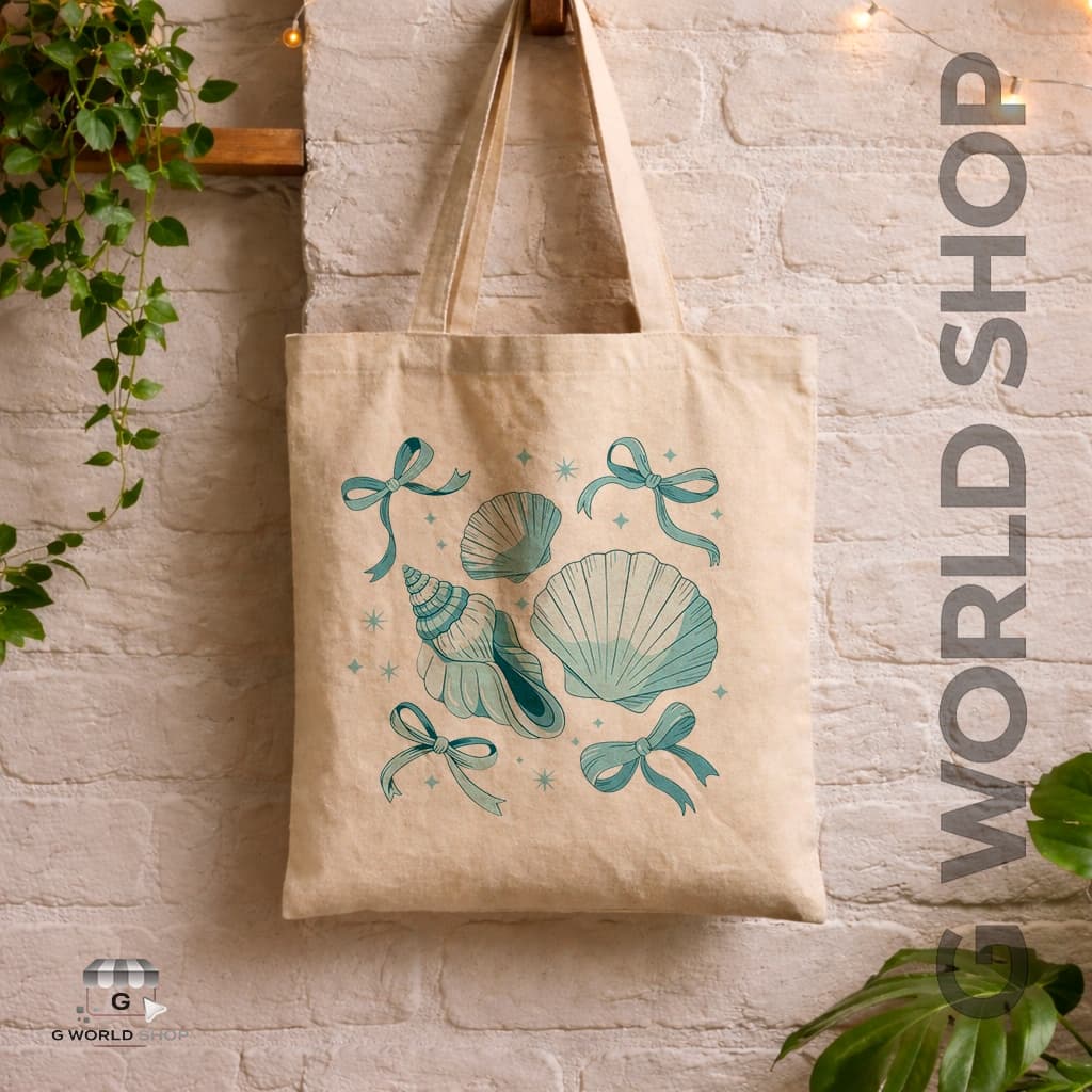 Bolsa Ecobag Sacola Ecológica Estampada Estilo Praia Verão Conchas Lacinhos Azuis Bolsa Feminina Ótima Qualidade