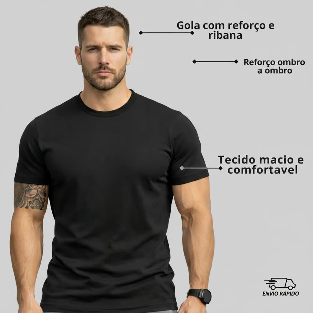 Camiseta Básica 100% Algodão Masculina com Reforço Ombro a Ombro Envio Imediato