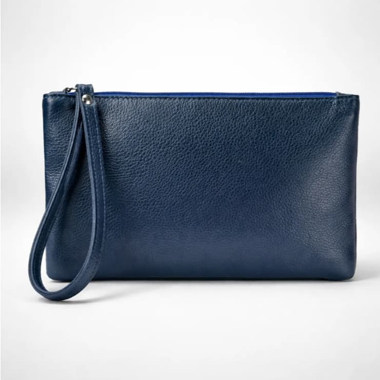Necessaire Feminina Pequena Alça de Mão Couro Bovino Legitimo Azul Café Preta Road Seven
