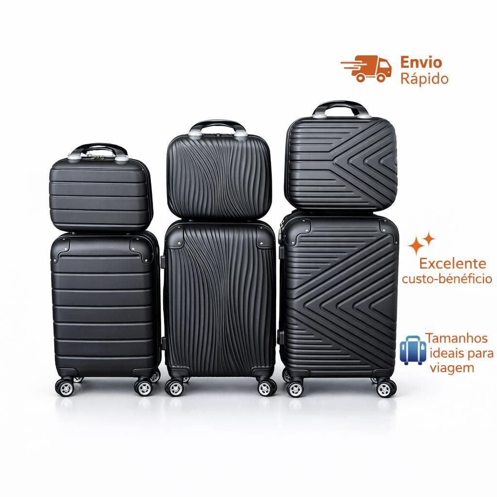 kit 3 malas e 3 frasqueira bordo viagens com rodinhas 360graus