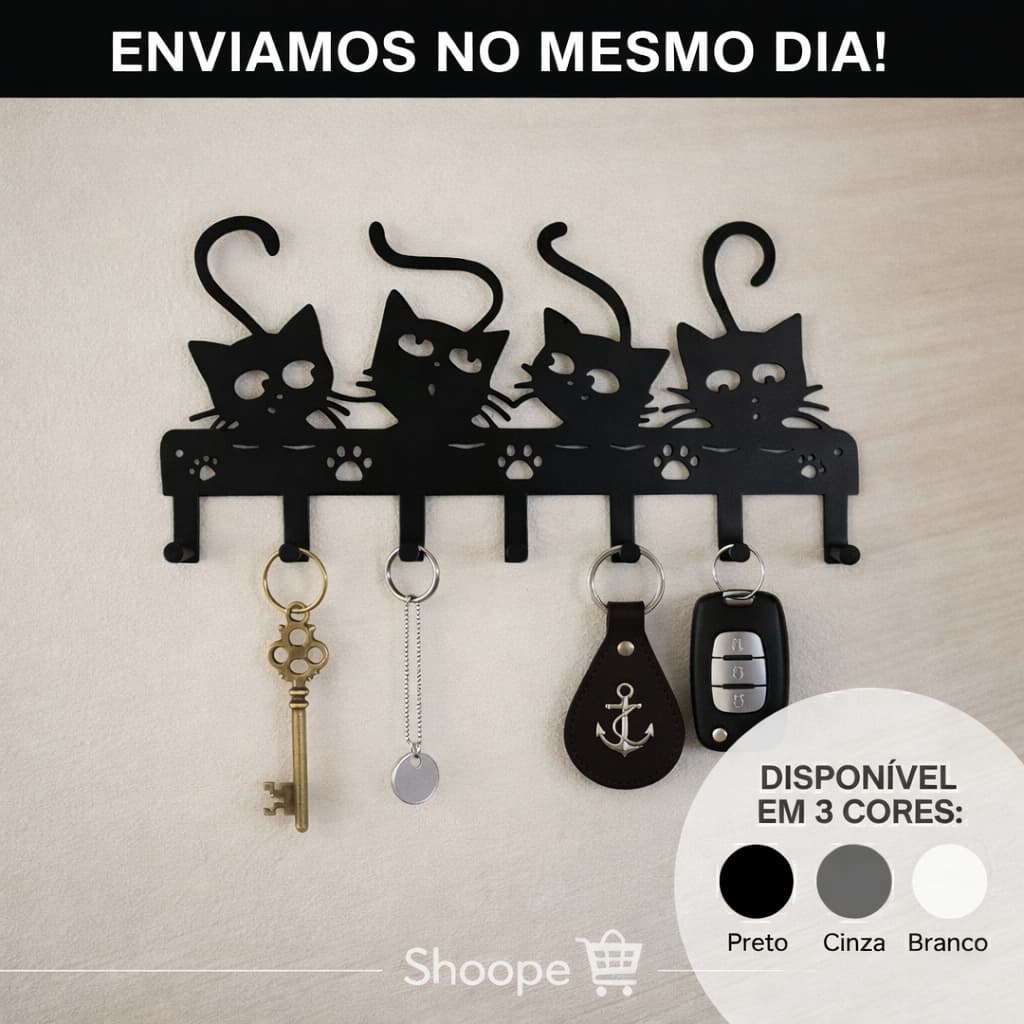 Porta Chaves de Parede 3D Gatinhos com 6 Ganchos Organizador Decorativo para Chaves