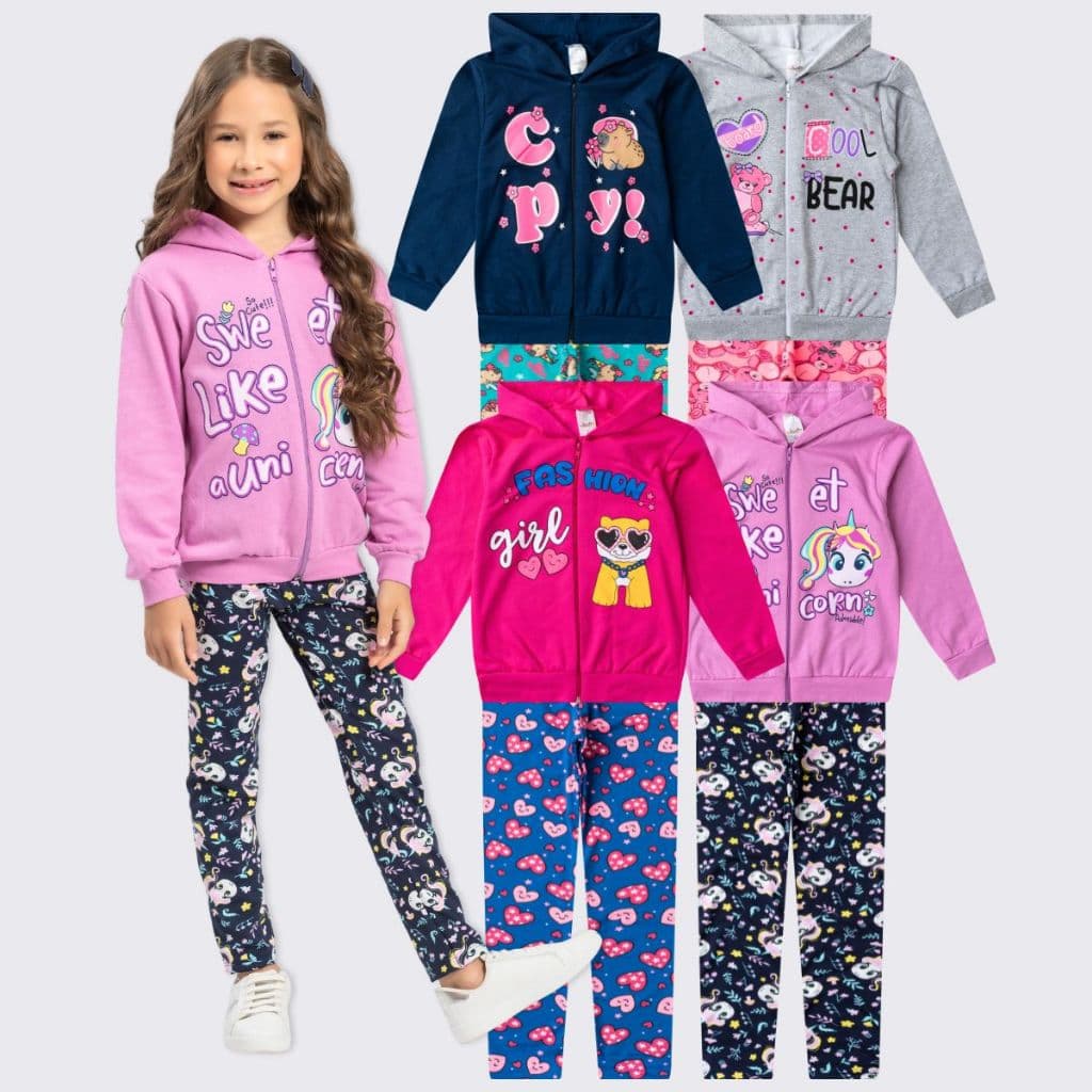 Kit 8 Peças 4 Conjuntos Moletom Infantil Menina Com Ziper Inverno