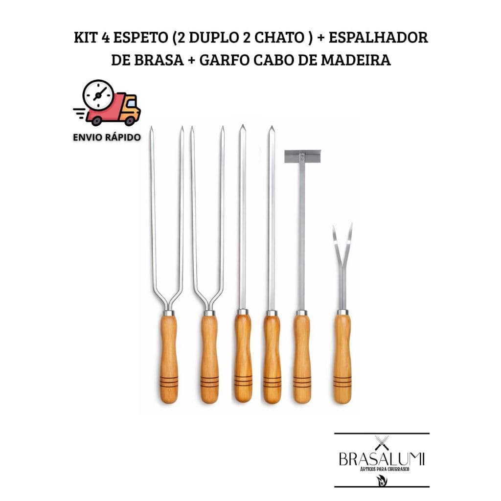 KIT 4 ESPETOS (2 DUPLO 2 CHATO)+ GARFO + RASTELO CABO DE MADEIRA
