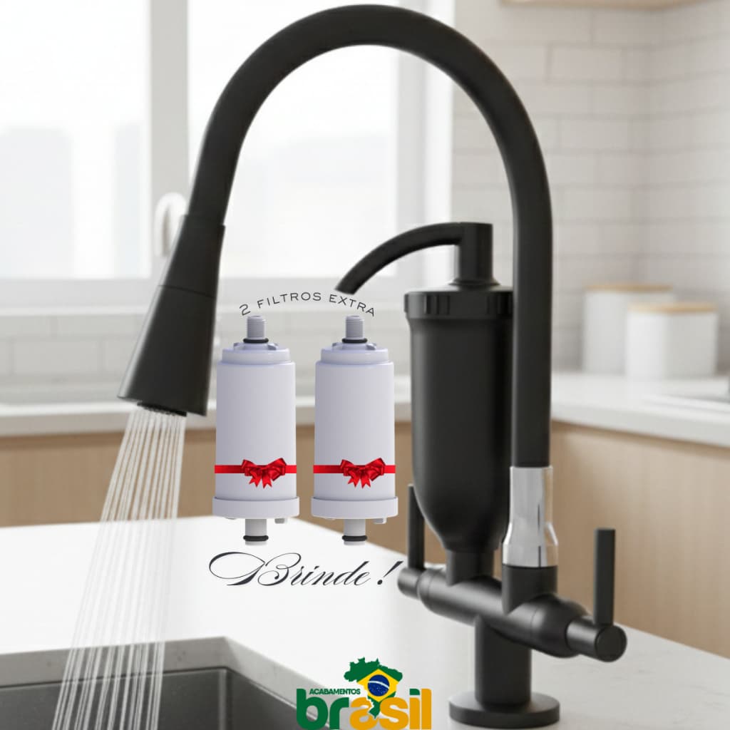 Torneira Filtro Bancada Preta refil vela carvao ativado Gourmet Flexível com 2 filtros extras
