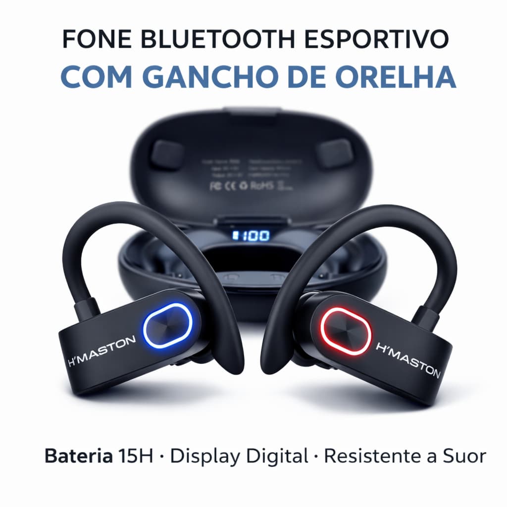 Fone de Ouvido Sem Fio Esportivo De corridas Lazer Gancho Bluetooth Cancelamento de Ruído TWS Estéreo Bateria 5a 15h