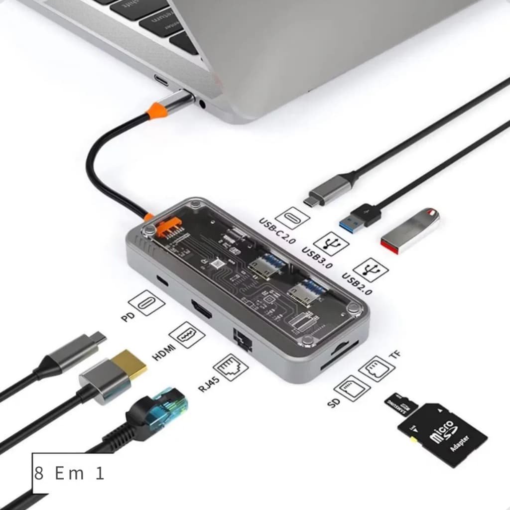 Hub USB-C 8 Em 1 Para Macbook HDMI 4k Ethernet Suporte Leitor de Cartão SD e TF Resistente