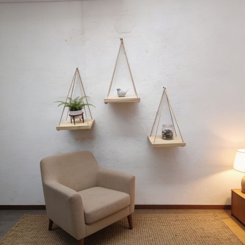 KIT ATÉ 4 PRATELEIRA SUSPENSA DECORATIVA MDP RÚSTICO SISAL NICHO PAREDE MODERNO SALA QUARTO BANHEIRO