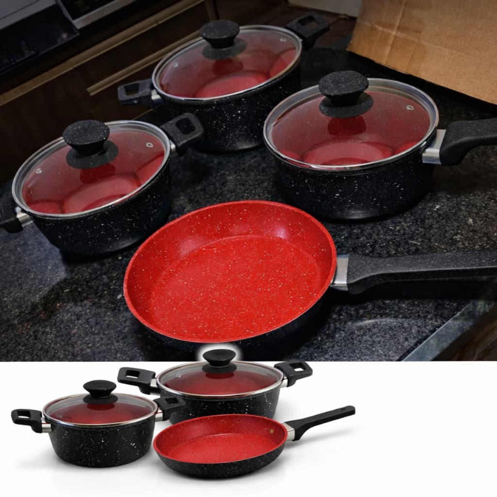 Conjunto Jogo De Panelas Antiaderente kit 4 Peças Com Tampa De Vidro Preto e Vermelho