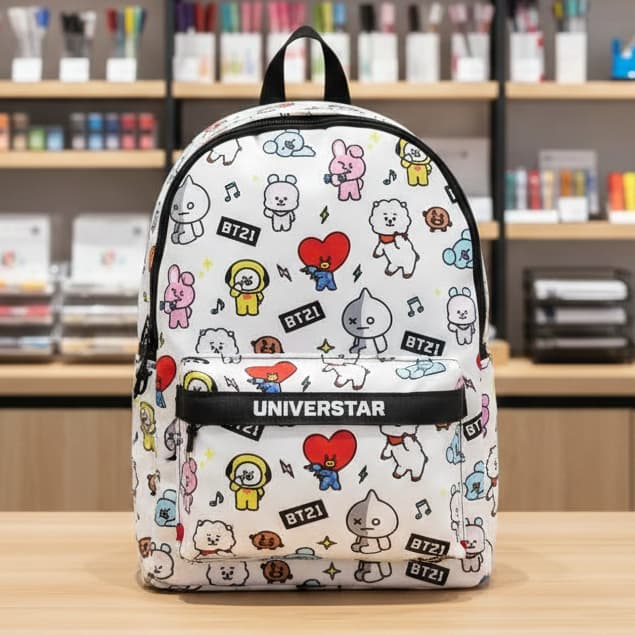 Mochila Bolsa Escolar BT21 Branca – Personagens BTS, Leve e Espaçosa