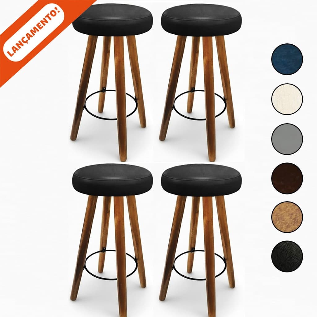 Kit 3 ou 4 Banquetas Alta de Madeira Gourmet com Assento Estofado Corino Cozinha e Bar Aninha Decor