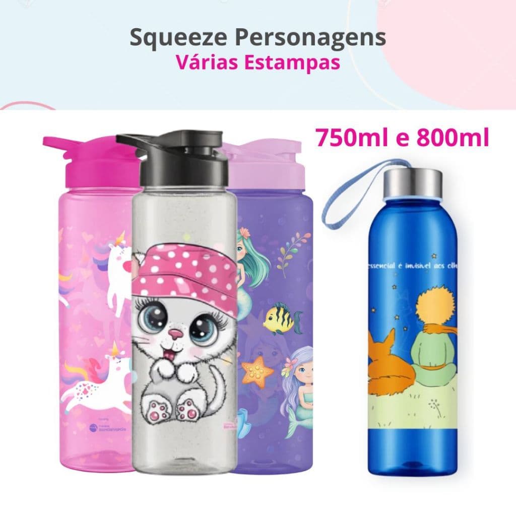 Garrafa Squeeze Infantil Personagens Unicórnio Pequeno Principe 800ml Garrafinha para Crianças
