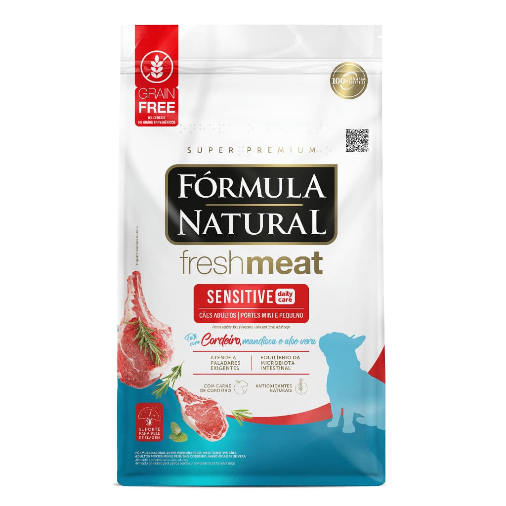 Fórmula Natural Super Premium Fresh Meat Sensitive Cães Adultos Portes Mini e Peq Cordeiro, Mand. e Aloe Vera 2,5kg