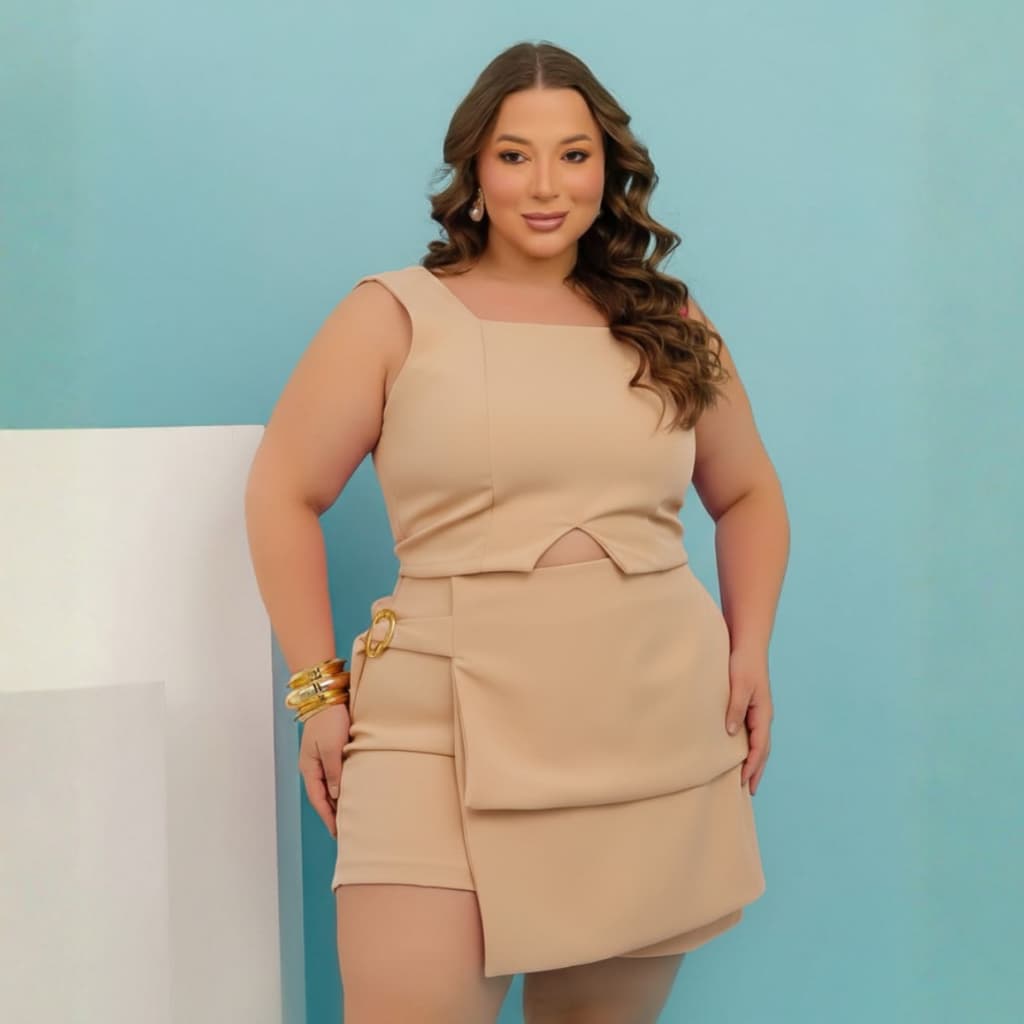 Conjunto short saia e blusa cropped plus size Alfaiataria tecido estica