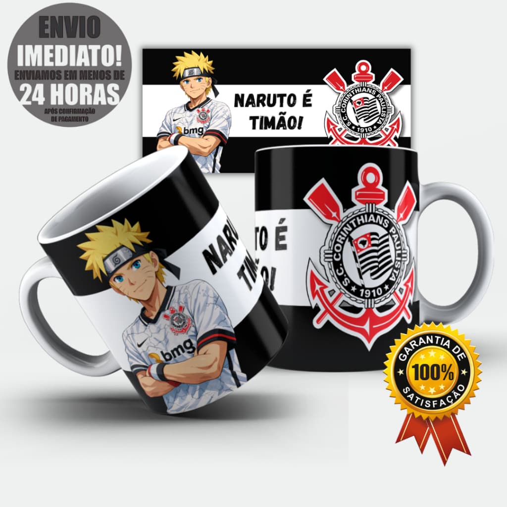 Caneca Xícara Personalizada Naruto Corinthians Timão Time de Futebol Anime Presente Envio 24h
