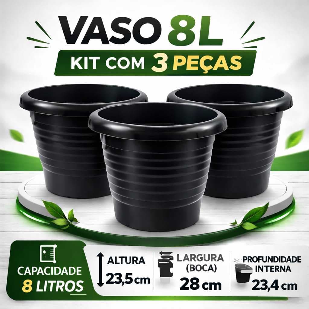 Vaso Para Planta 8 Litros Kit 3 Peças Preto Jardim Mudas Resistente Grande 28cm Decorativo Ambiente.