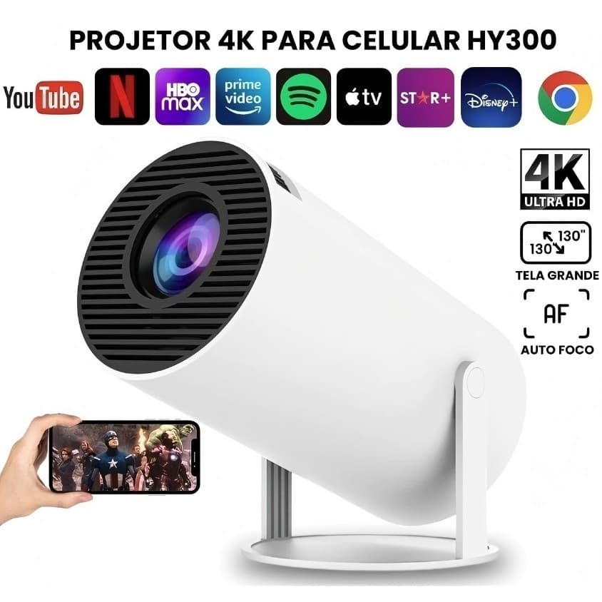 Projetor HY300 Original Portátil Smart Android 11 4K Ultra HD HDMI Wifi Bluetooth Alto Falante Embutido