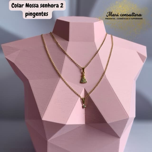 Colar Nossa Senhora Aparecida 2 Pingentes Dourado | Colar Feminino Religioso Banhado a Ouro 18k | Colar Delicado Feminin