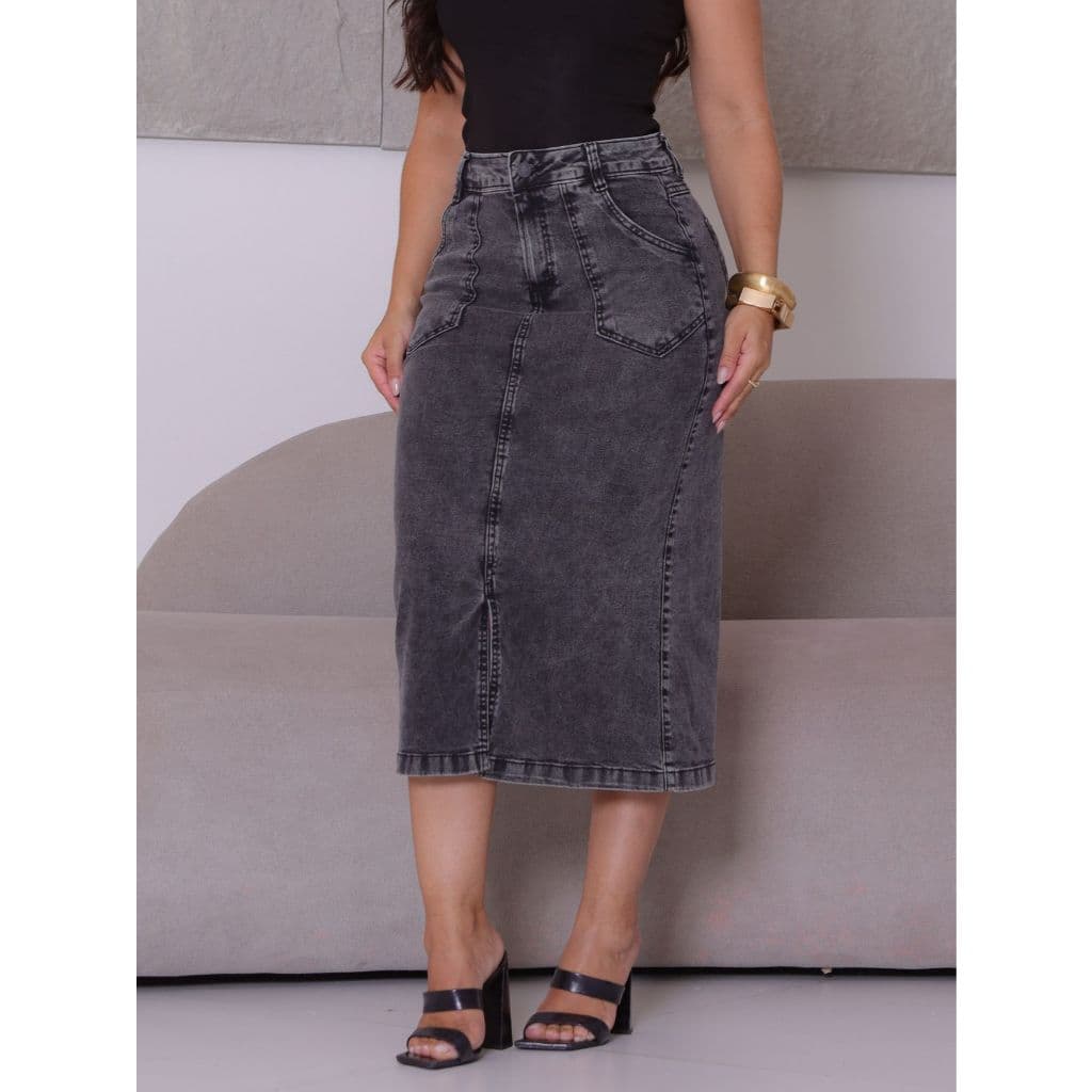Saia Midi Jeans Modesta Com Lycra Com Fenda Cristã Igreja