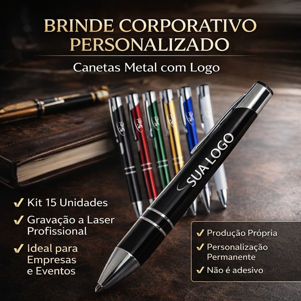 Canetas Metal Personalizadas com Logo Brinde Corporativo Kit 15 Laser Empresa
