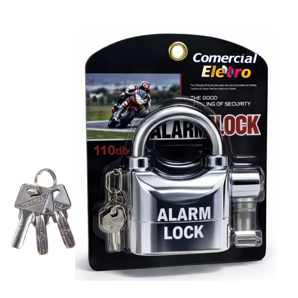 Cadeado Kimbar Com Trava e Alarme Sirene 110dB Proteção Para Moto Garagem Casa, Apartamento