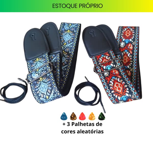 Correia Bordada para Violão e Guitarra + 3 Palhetas - Estilo Vintage